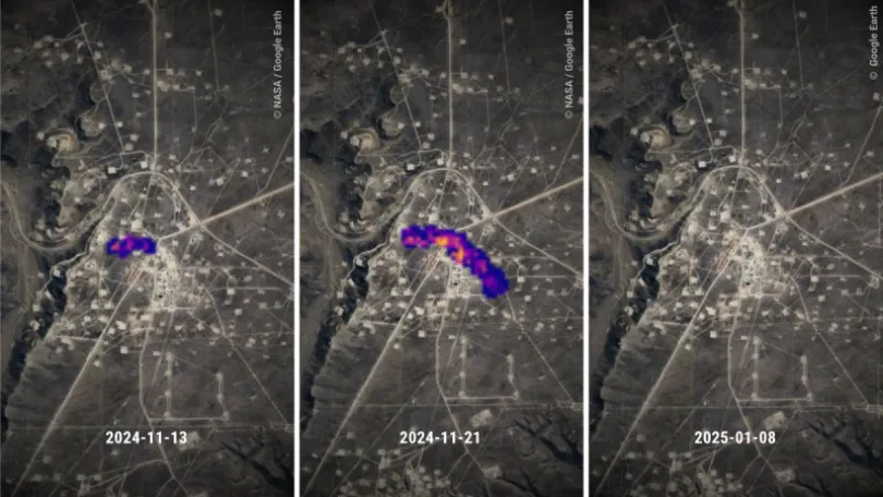 A series of three satellite images show methane detected from oil and gas operations in Argentina and cessation of the emissions following an alert form UNEP