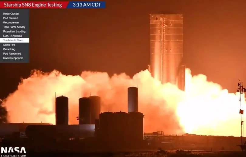 Starship SN8 conducts milestone Static Fire test ahead of nosecone install
