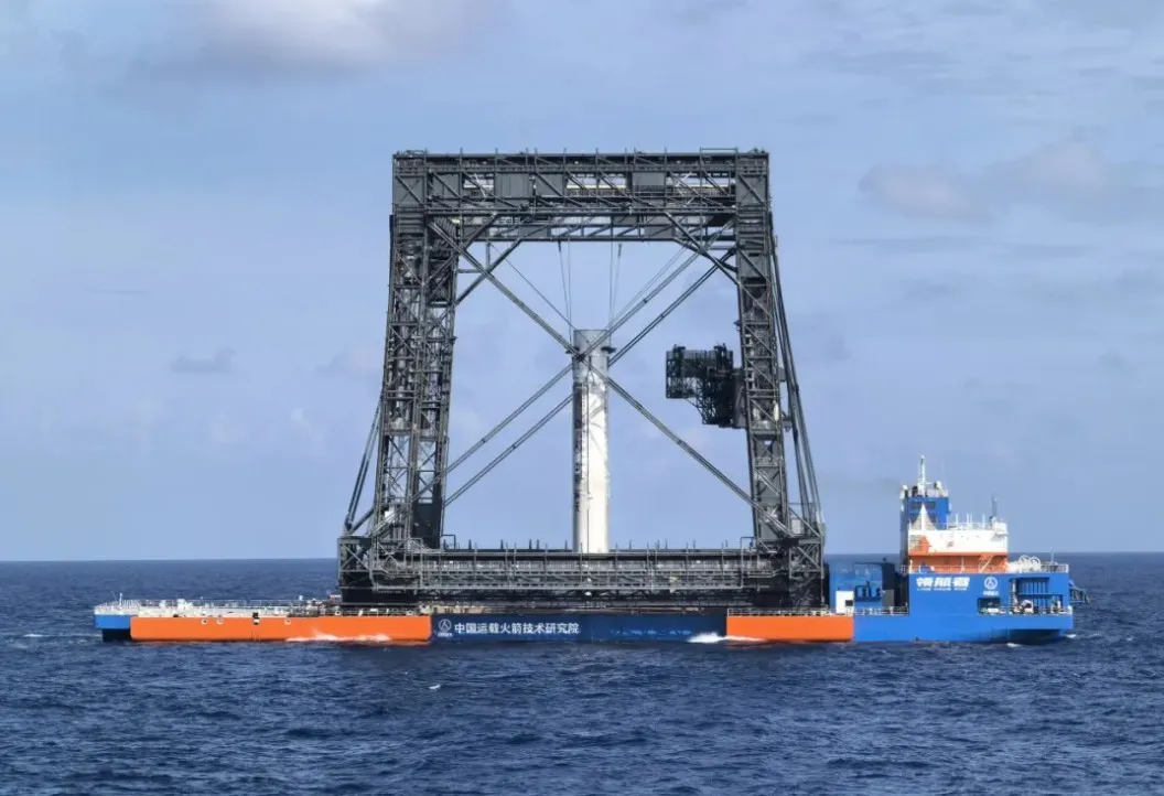 The Linghang Zhe vessel with the recovered Long March 10B first stage, July 10, 2026. Credit CASC