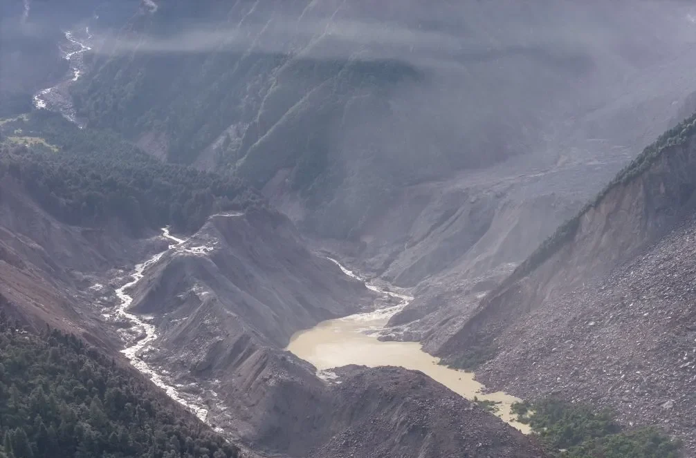 A landslide-dammed lake formed by the disaster in Nepal, photographed by drone on August 27. Photo Li JianXinhua
