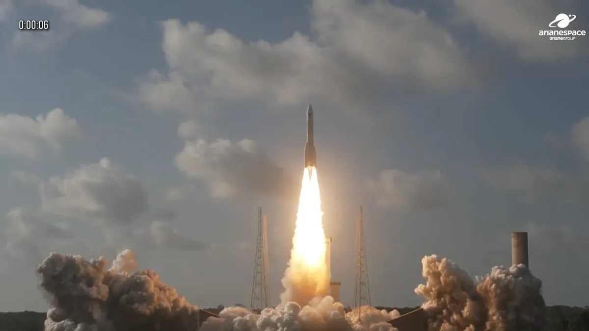 An Ariane 6 rocket launches the MTG-I2 weather satellite from Kourou, French Guiana on Aug. 27, 2026. (Image credit: Arianespace)