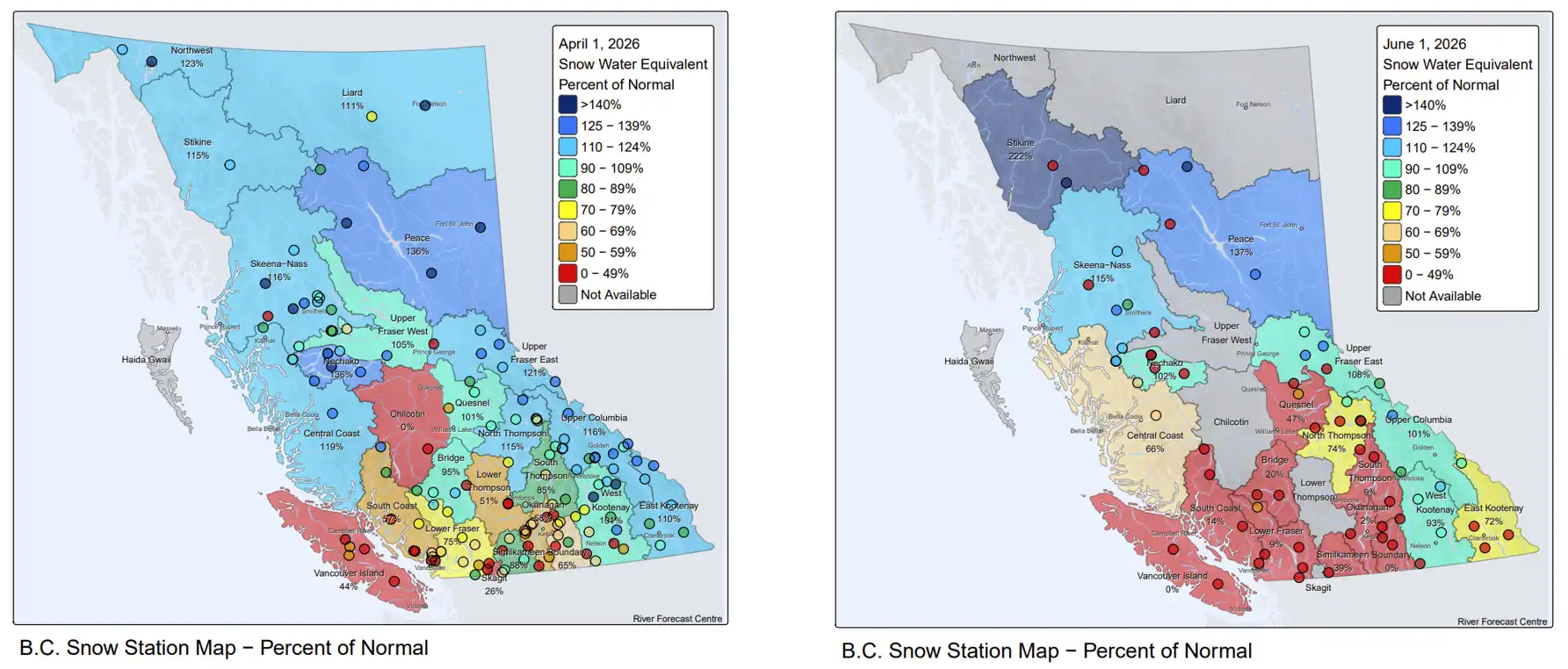 Below-normal snowpack was observed across parts of British Columbia’s Southern Interior ahead of the core 2026 wildfire season.Snow water as a percentage of normal in April (left) and June (right). Source BC Wildfire Servi