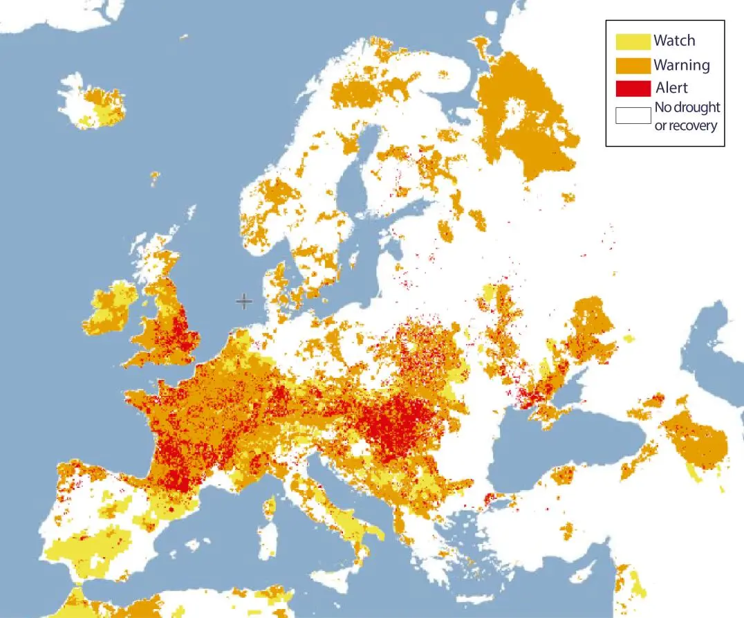 Combined Drought Indicator for Europe in late July 2026, integrating precipitation, soil-moisture, and vegetation conditions. Alert conditions affected parts of the Danube basin, including Hungary, Austria, Serbia, an