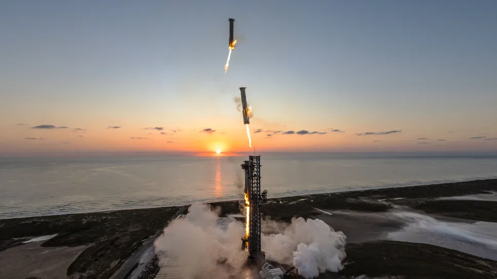 Composite photo showing the Super Heavy booster of SpaceX's Starship megarocket coming in for a landing on the launch mount during the vehicle's fifth-ever test flight on Oct. 13, 2024.