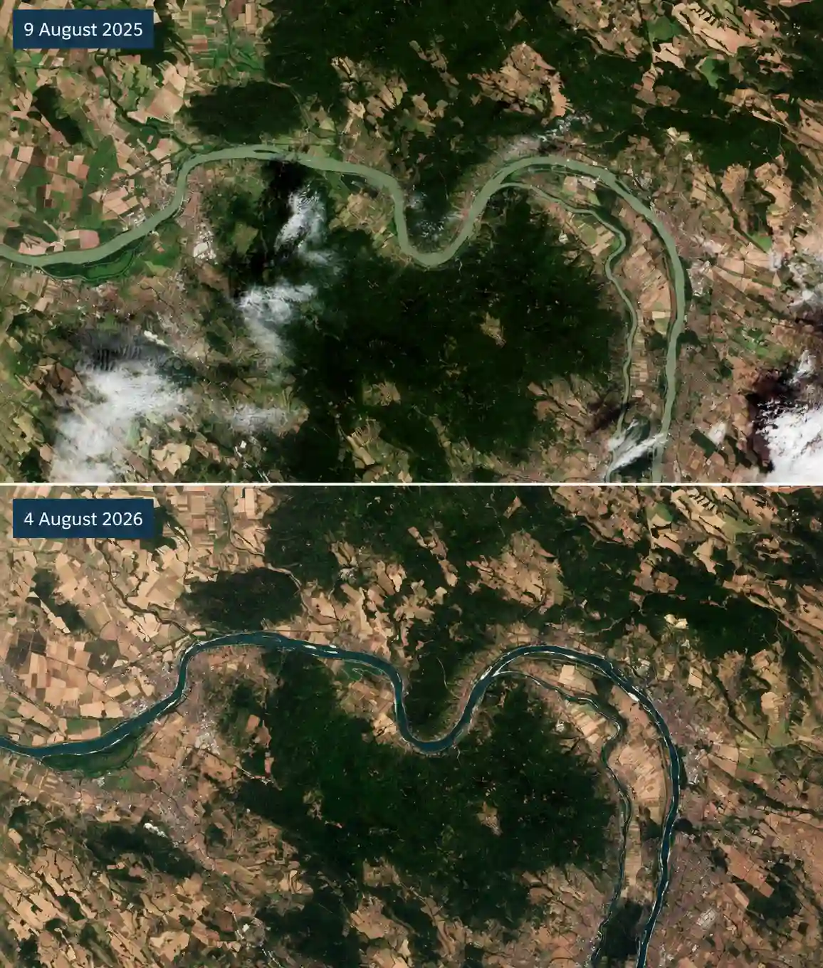 Copernicus Sentinel-2 images of the same section of the Danube River, approximately 45 km north of Budapest, acquired on 9 August 2025 and 4 August 2026. Lower water levels, exposed sandbanks, and drier surrounding la
