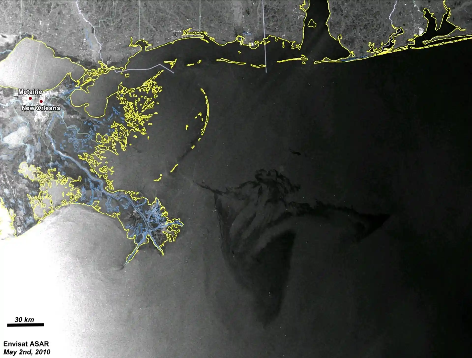 Envisat ASAR imagery of the Deepwater Horizon oil spill. Surface oil appears dark because it smooths short wind-generated waves, although similar dark signatures can also arise from other ocean conditions. The white dots a