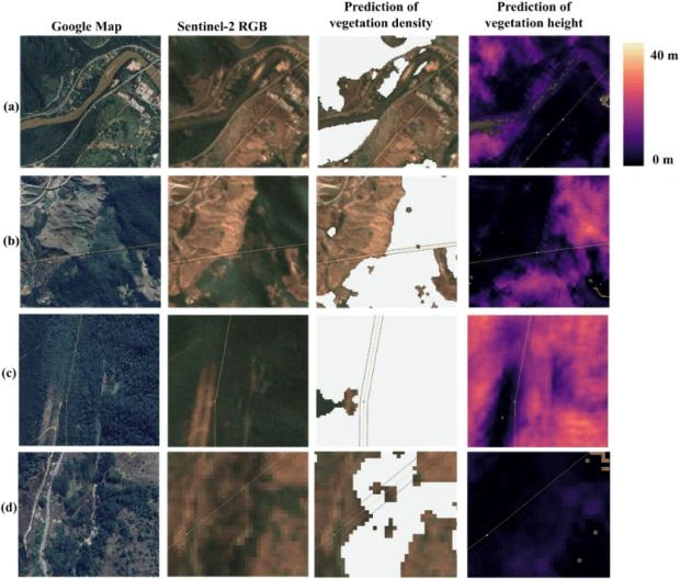 Model predictions for vegetation density and height near power transmission lines.