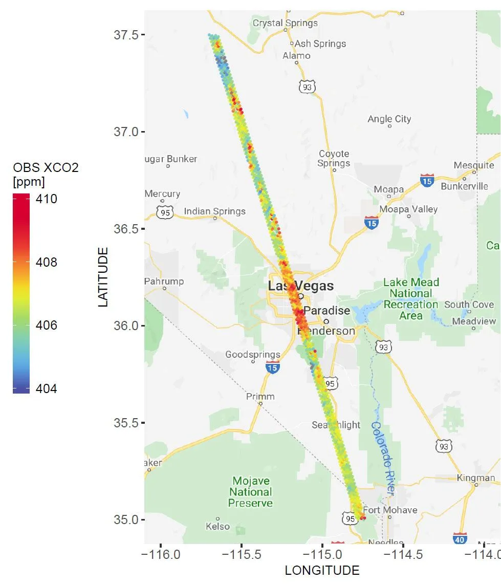 OCO-2 measurements of atmospheric CO₂ over Las Vegas. Warmer colors indicate higher column concentrations. Credit NASA