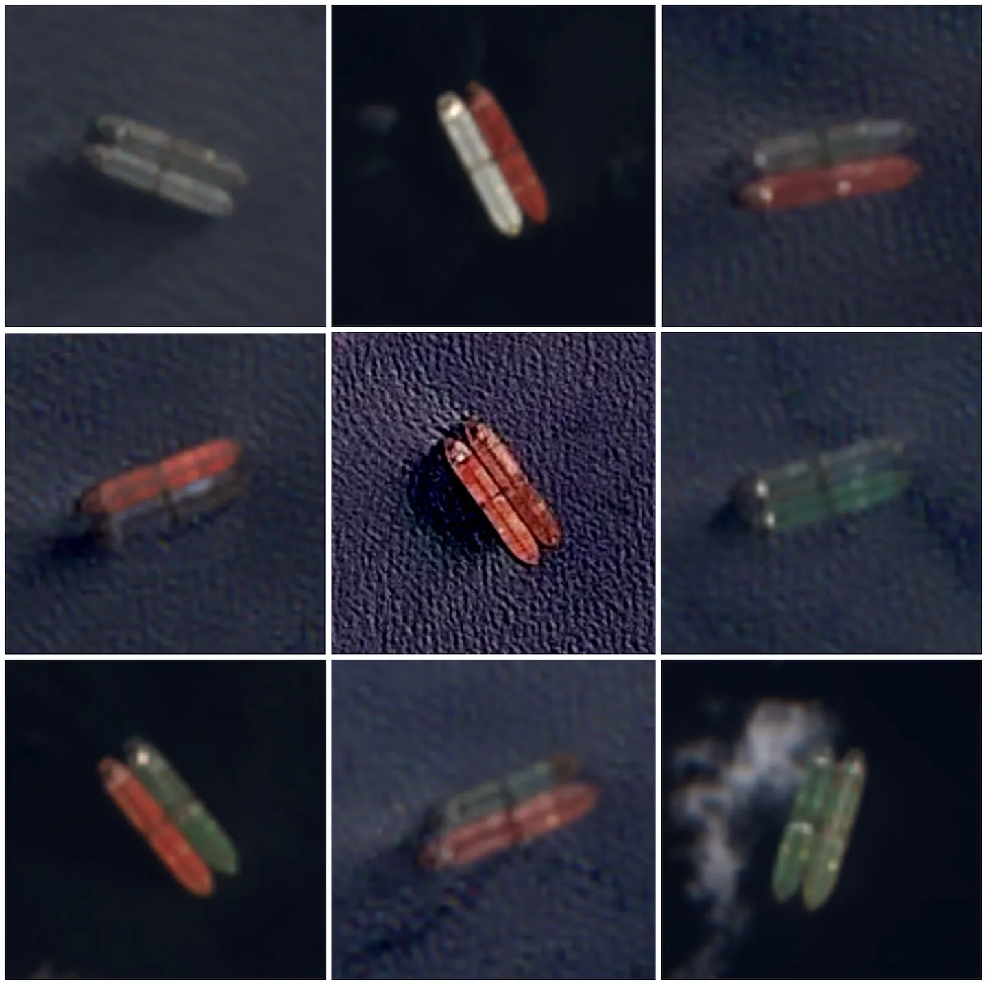 Satellite images captured near Indonesia’s Riau Archipelago after the U.S. blockade on Iranian exports began show nine tankers offloading Iranian oil in ship-to-ship transfers. Credit European Space Agency and Planet Labs.