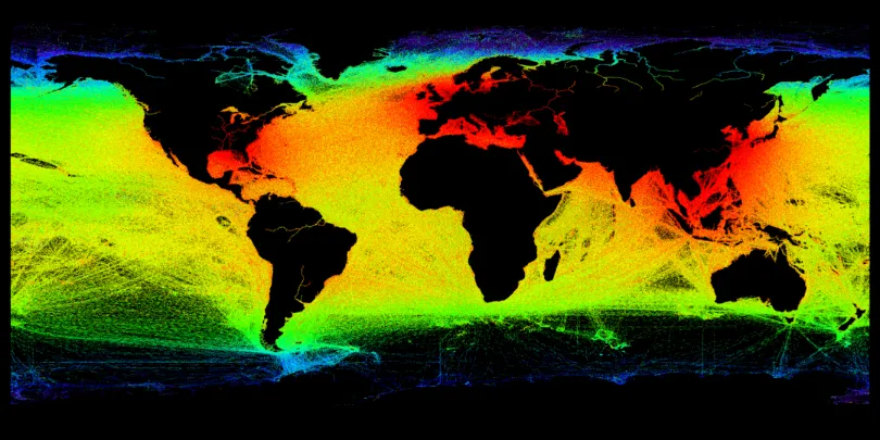 Ship observations collected by Norway’s AISSat‑1 over a 24-hour period. Colors indicate observation frequency; dense traffic areas can create message-collision challenges for satellite AIS reception. Credit Norwegian Defen