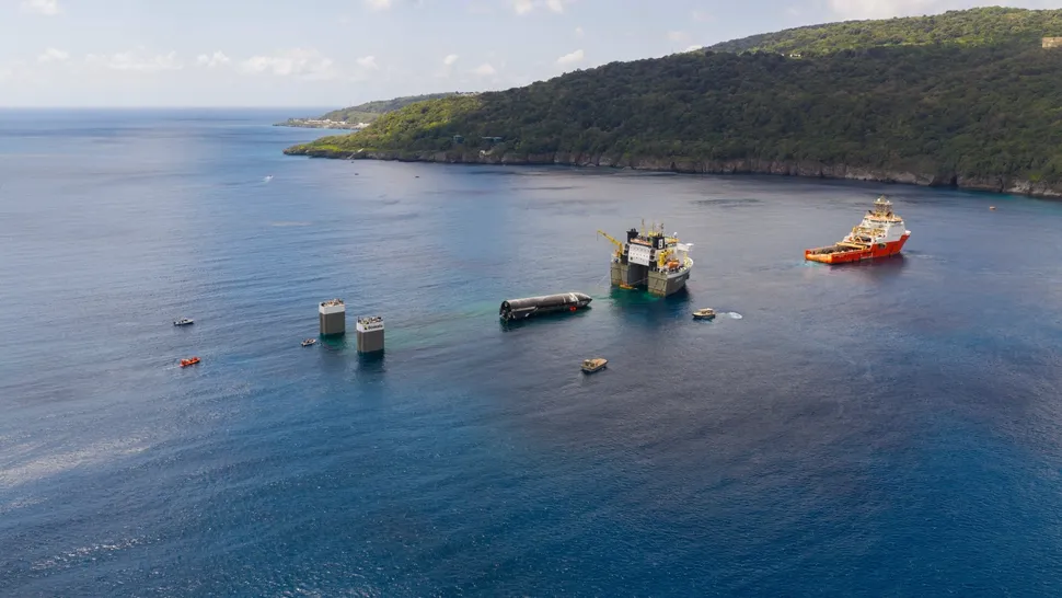 paceX loads the upper stage that flew on Starship's 13th test flight onto a "semi-submersible" ship off Christmas Island. The company posted this photo on X on Aug. 27, 2026. (Image credit: SpaceX)