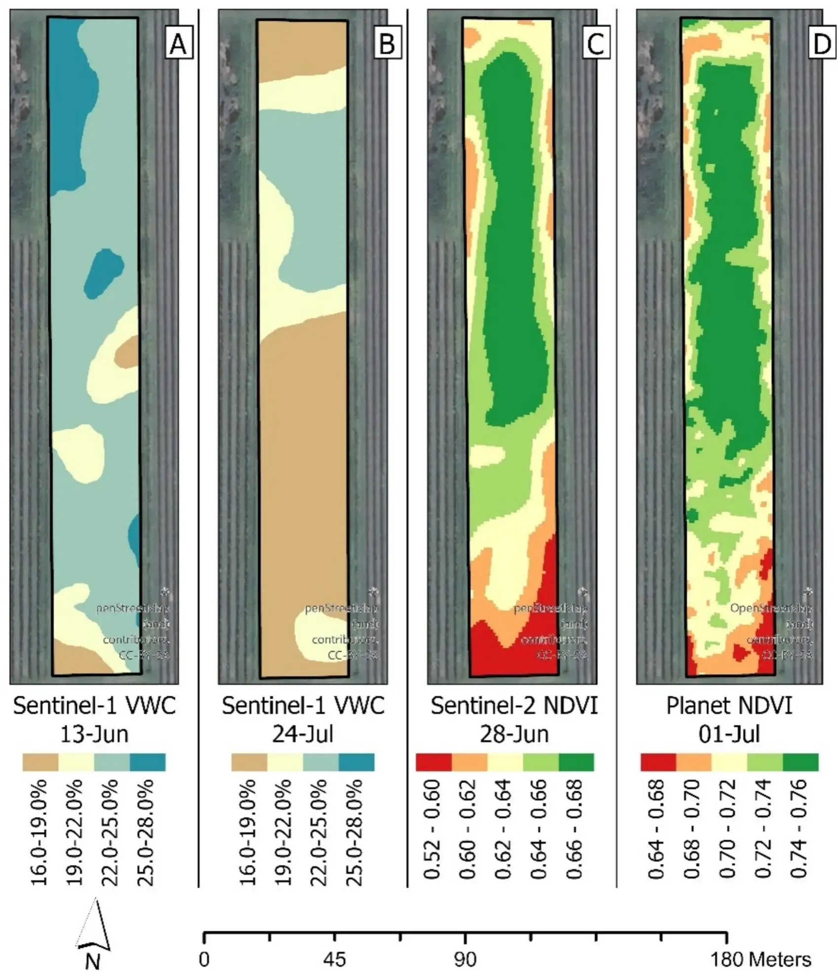 Spatial distribution maps derived from Sentinel-1 VWC on June 13th and July 24th, Sentinel-2 NDVI on June 28th, and Planet NDVI on July 1st. Each map illustrates the variability of water content or vegetation indices