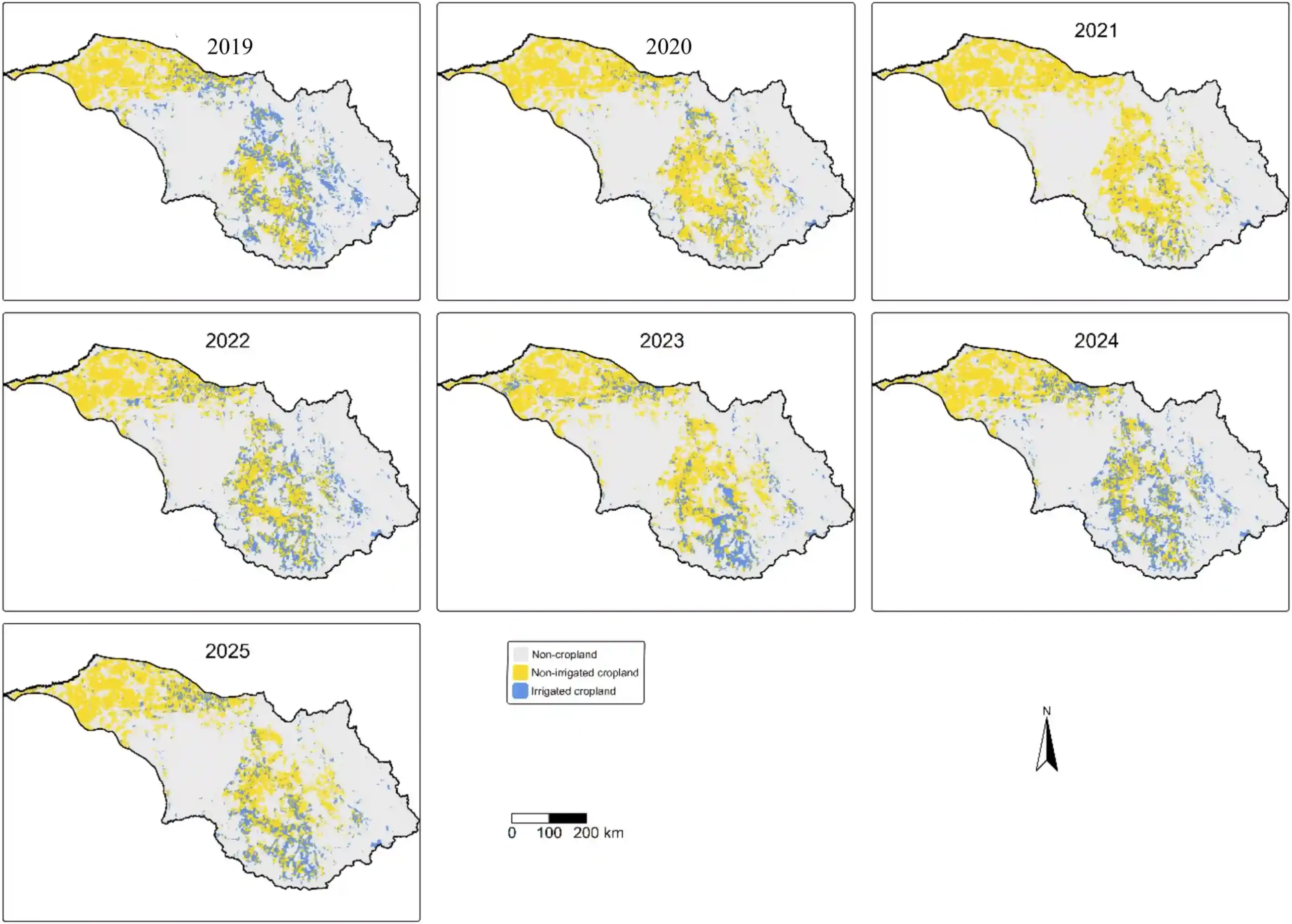 Spatial distribution of mapped irrigated cropland during the summer irrigation season across 2019–2025 in the Namoi catchment. Irrigated cropland (blue) is shown overlaid on all cropland (yellow) while non-cropland ar