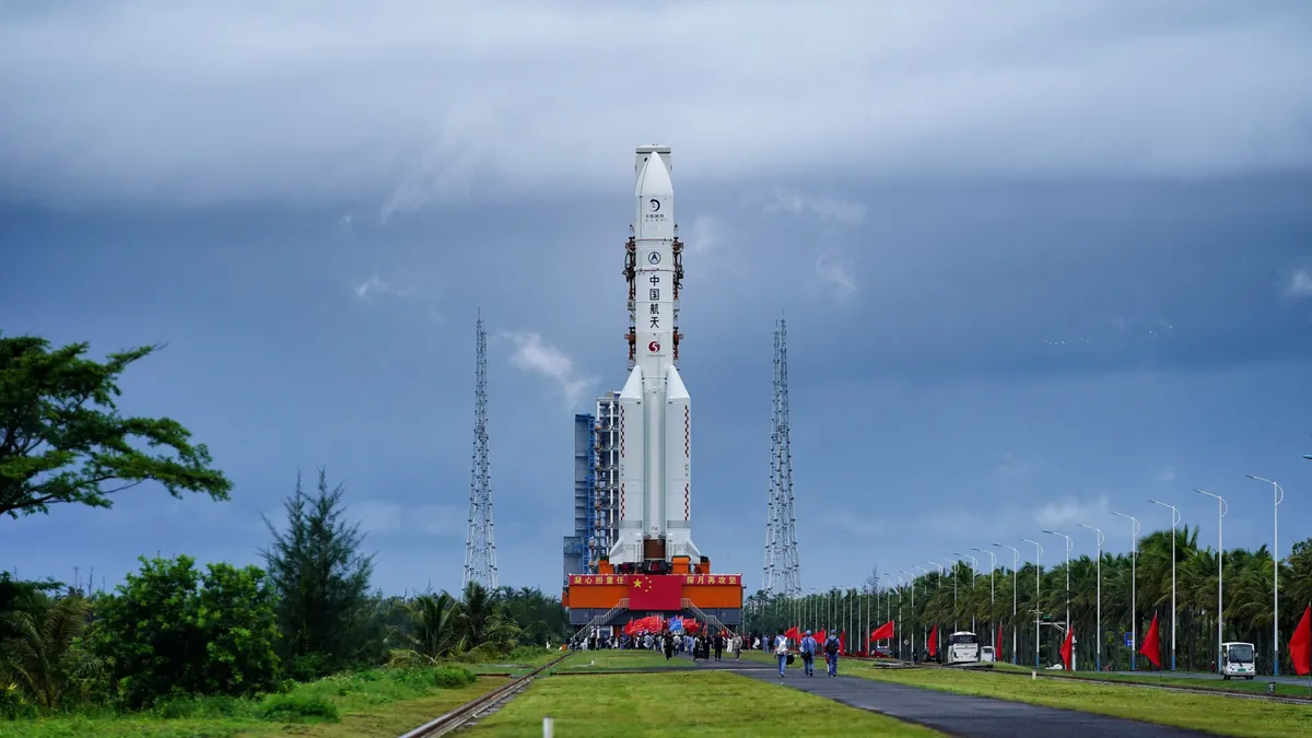 The combination of the Chang'e-7 lunar probe and the Long March-5 Y14 carrier rocket at the Wenchang Spacecraft Launch Site on Aug. 19, 2026 in Wenchang, Hainan Province of China.