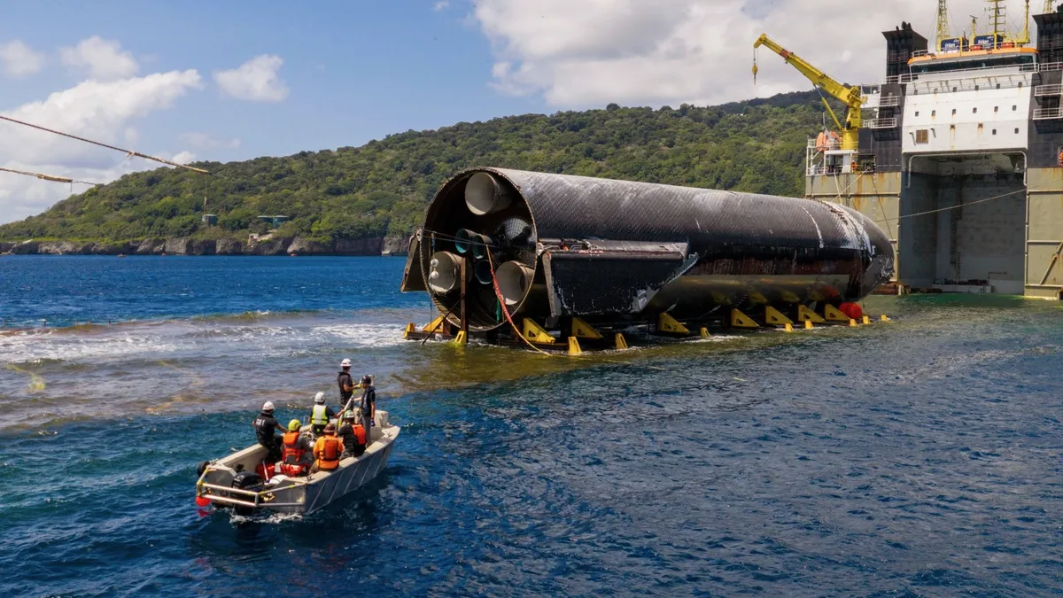 The semi-submersible's deck rises with Ship on board. (Image credit: SpaceX)