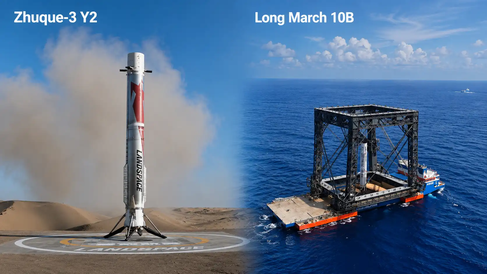 Zhuque-3 Y2 completed an onshore vertical landing using landing legs, while Long March 10B was recovered by a net-capture system on an offshore platform.Source LandSpace and Xinhua