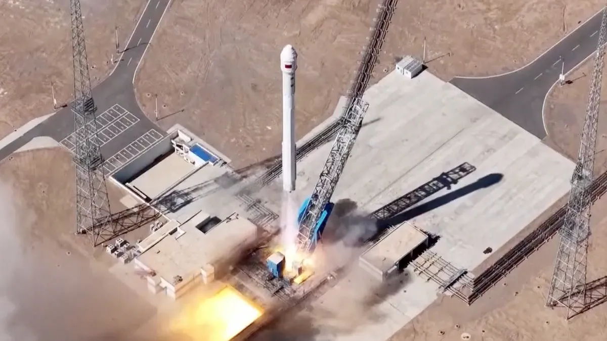 A LandSpace Zhuque-2E rocket launches 10 broadband satellites to orbit on Sept. 15, 2026. (Image credit: CCTV)