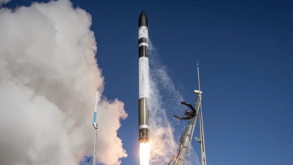 A Rocket Lab Electron rocket launches on the "Happily Ever Faster" mission from New Zealand on Sept. 10, 2026. (Image credit: Rocket Lab)