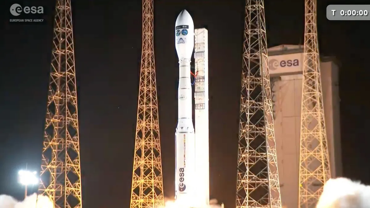 A Vega C rocket launches the FLEX and Sentinel-3C Earth-observation satellites to Earth orbit from Kourou, French Guiana on Sept. 14, 2026. (Image credit: ESA/Avio)