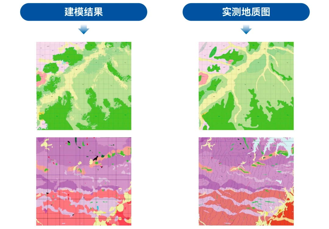 AI geological map modeling results from China’s “AI-GeoMapping” system (left) and manually surveyed geological map (right)