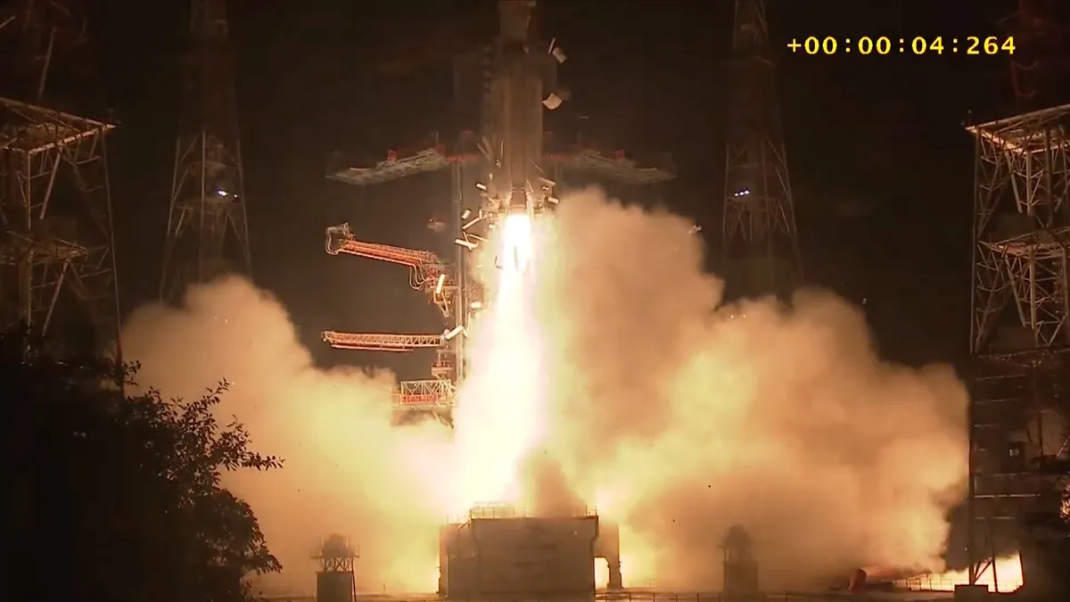 An Indian GSLV Mark II rocket launches the EOS-05 Earth-observing satellite toward geosynchronous orbit on Sept. 3, 2026. (Image credit: ISRO)