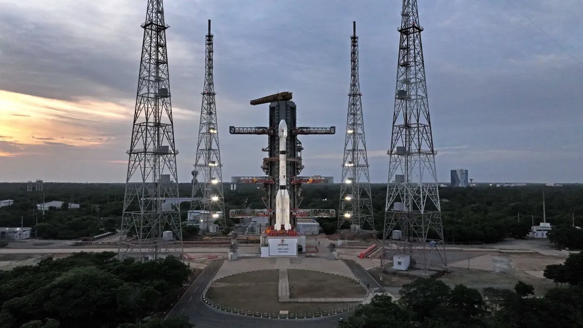 An Indian GSLV Mark II rocket topped with the EOS-05 Earth-observation satellite stands on the pad before its Sept. 3, 2026 launch. (Image credit: ISRO)