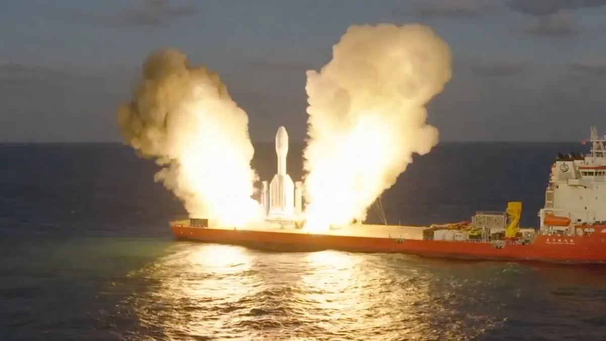 An Orienspace Gravity-1 rocket launches from a sea-based platform on Sept. 15, 2026. (Image credit: CCTV)