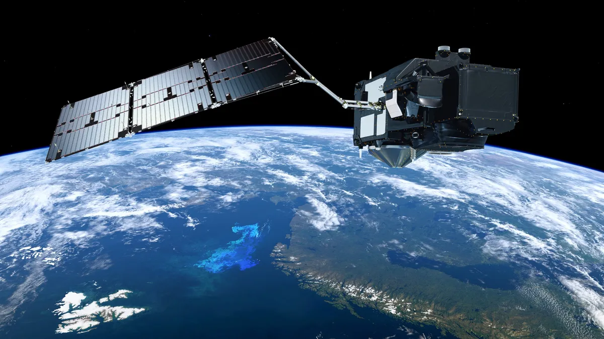 Artist's illustration of a Sentinel-3 satellite in orbit. (Image credit: ESA/ATG medialab)
