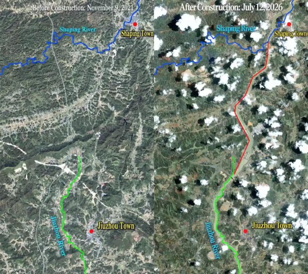 Before-and-After Images of the Pinglu Canal’s Newly Excavated Channel. Most of the Pinglu Canal follows existing waterways, including the Shaping, Jiuzhou and Qinjiang rivers, which were straightened, widened and deepened. A 6.5-kilometer section outlined in red had no existing river channel to follow. Crews had to cut through hills and excavate the channel entirely across dry land, making it one of the most challenging sections of the project.