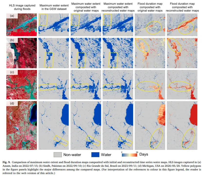 Comparison of maximum water extent and flood duration maps conmposited with initial and reconstructed time series water maps.