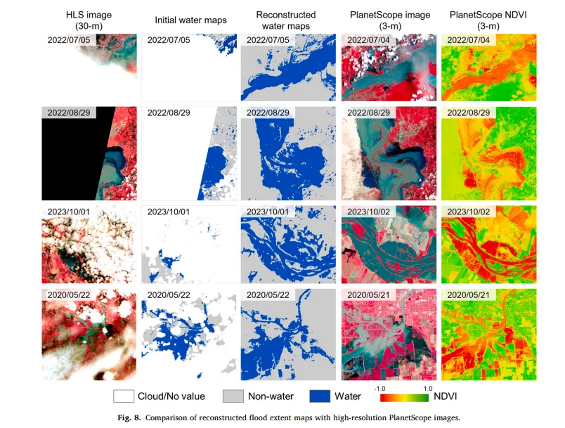 Comparison of reconstructed flood extent maps with high-resolution PlanetScope images.