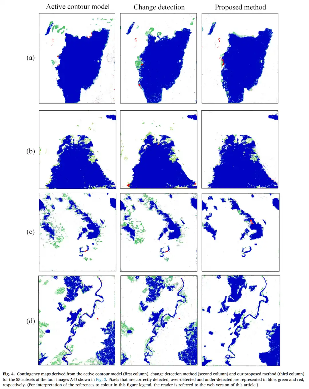 Contingency maps derived from the active contour model (first column), change detection method (second column) and our proposed method (third column) for the S5 subsets of the four images A-D shown in Fig. 3.