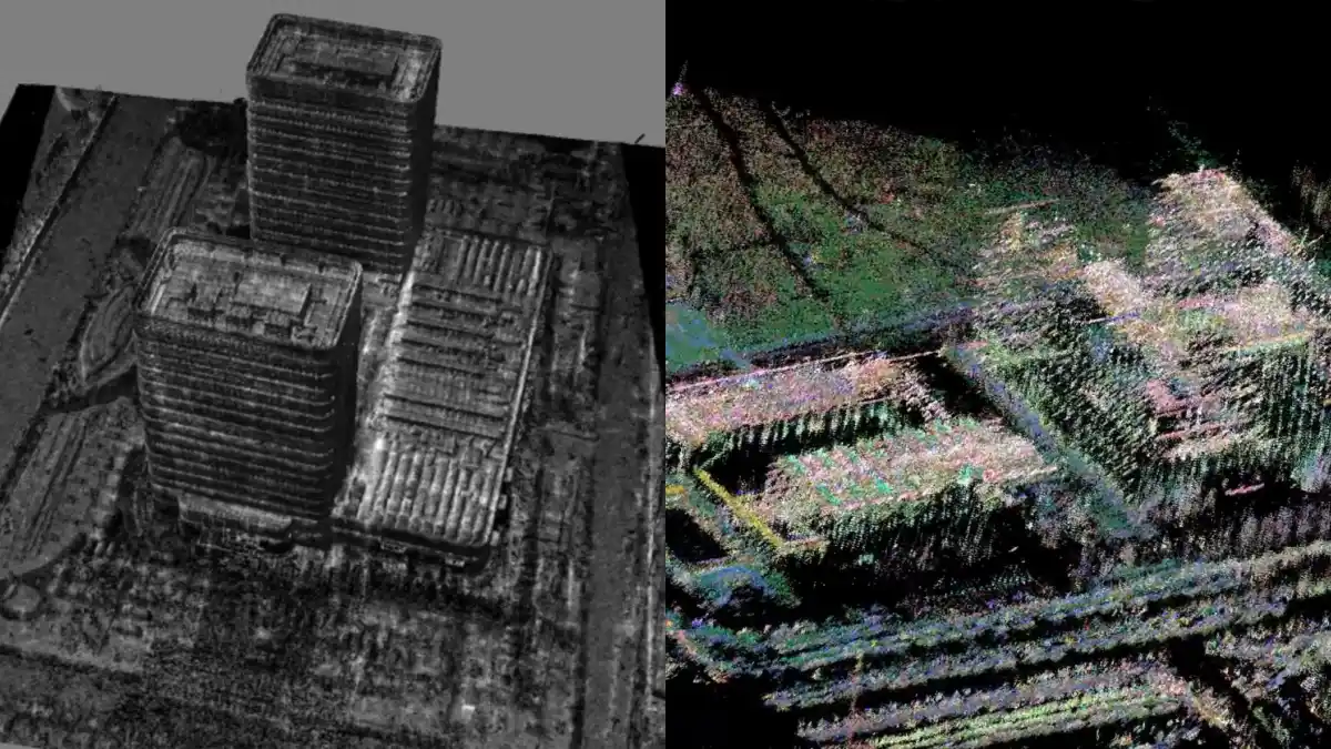 Examples of three-dimensional imaging results generated from SAR data Monopolarimetric SAR 3D imaging data (left) and fully polarimetric SAR 3D imaging data (right).Source Aerospace Information Research Institute, Chi