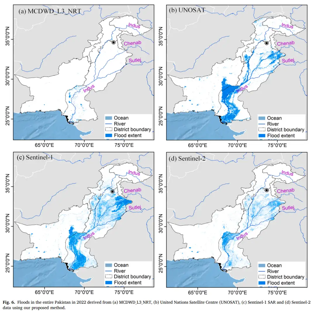 Floods in the entire Pakistan in 2022 derived from (a) MCDWD_L3 NRT, (b) United Nations Satellite Centre (UNOSAT),(c) Sentinel-1 SAR and (d) Sentinel-2 data using our proposed method.