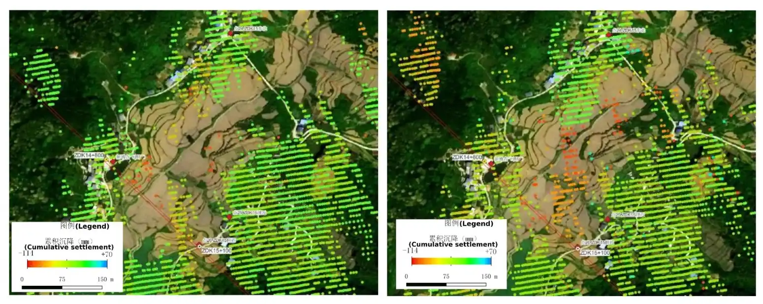 InSAR cumulative surface settlement map above Yunwushan Tunnel (Pre-construction Left; Post-construction Right)