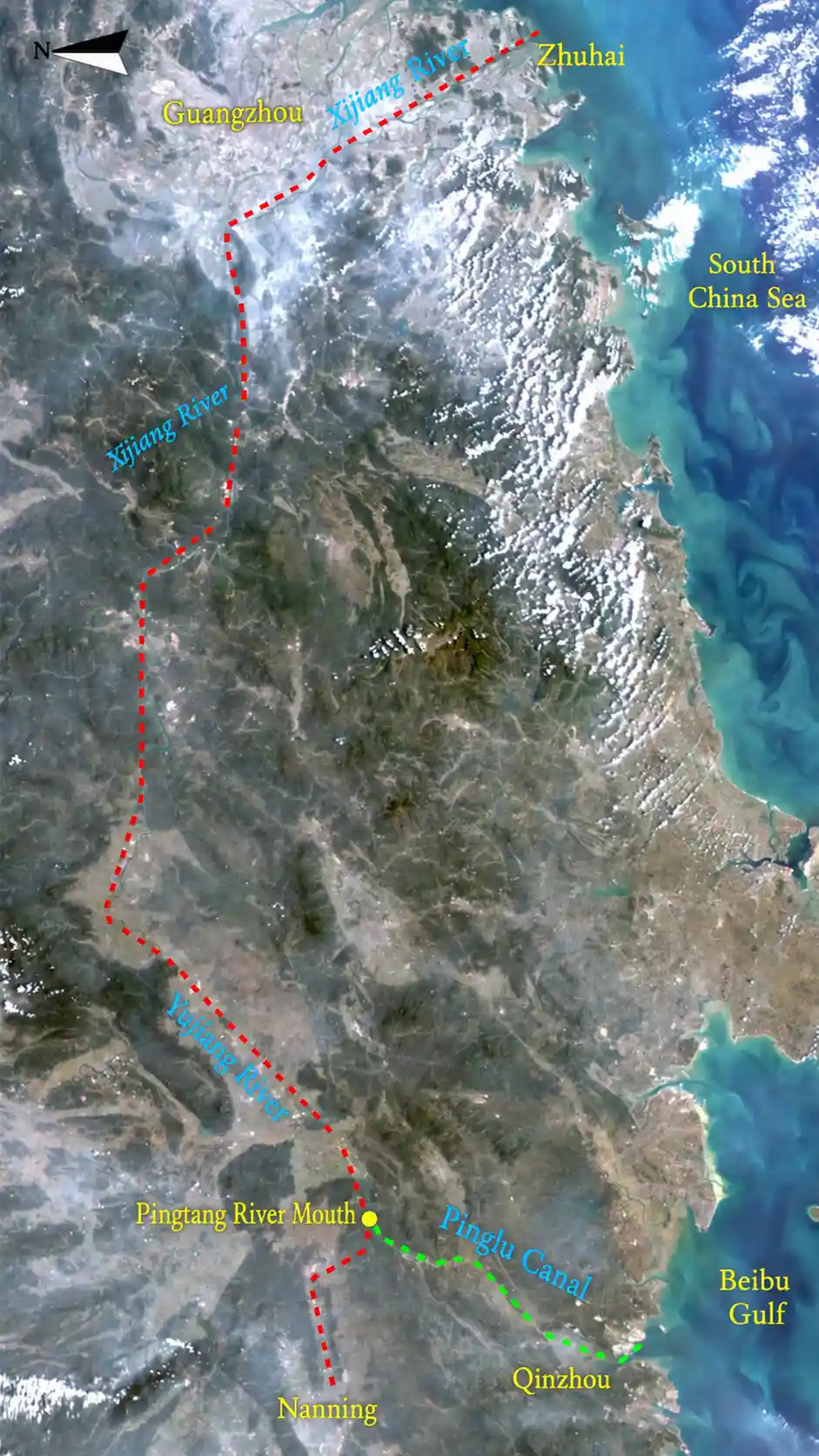 Map of Inland Shipping Routes in Southwestern China. The red line shows the traditional inland route for cargo departing Nanning to reach the sea; the green line shows the new route via the Pinglu Canal.