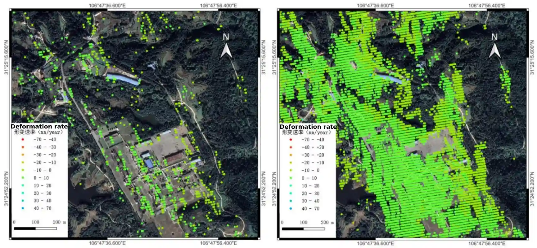 PS-InSAR time-series point cloud results (left) versus JS-InSAR time-series point cloud results (right)