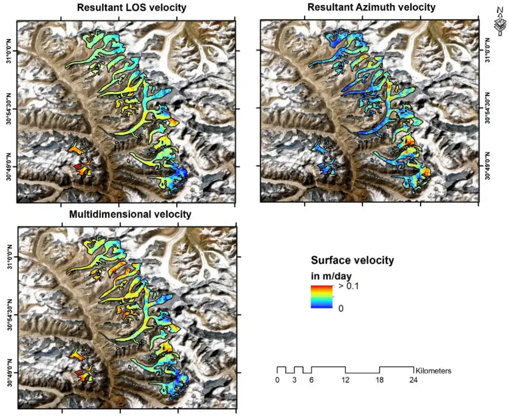 Resultant multidimensional velocity the directional components showing concentrated higher and lower velocity magnitudes along the central glacier flowlines and accumulation zones respectively.Source Bhattacharjee et