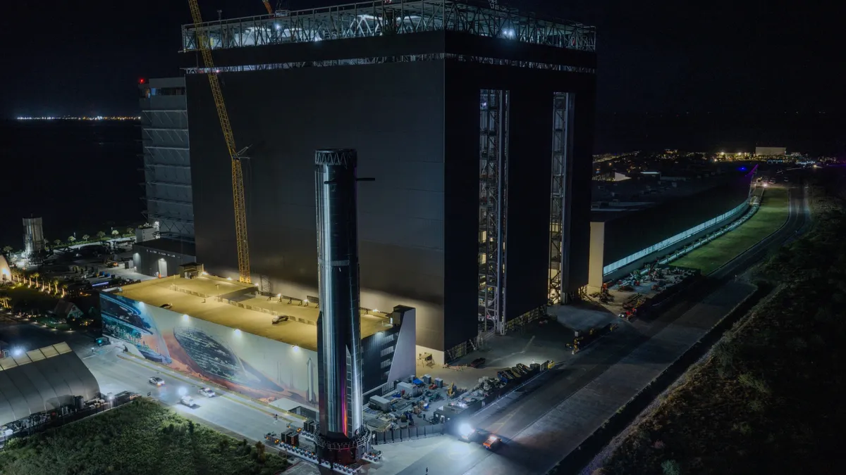 Super Heavy on its way to its launch mount at Starbase. (Image credit: SpaceX)
