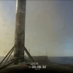 The first stage of a SpaceX Falcon 9 rocket rests on the deck of a drone ship after launching the USSF-153 mission from Vandenberg Space Force Base in California on Sept. 10, 2026. (Image credit: SpaceX)