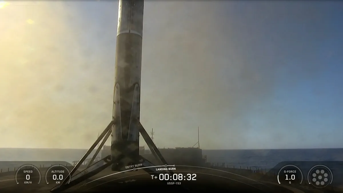 The first stage of a SpaceX Falcon 9 rocket rests on the deck of a drone ship after launching the USSF-153 mission from Vandenberg Space Force Base in California on Sept. 10, 2026. (Image credit: SpaceX)