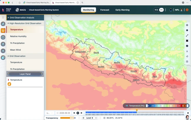 This image shows the monitoring interface of the Nepal-customized version of the MAZU cloud-based early-warning system. It displays the National Meteorological Information Center’s ART-1km high-resolution real-time ai