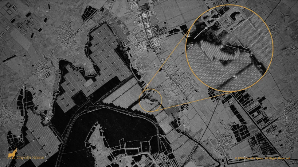This synthetic aperture radar image captured by a Capella Space satellite shows a solar farm floating on top of the human-made Lake Tiangang in China. (Image credit: Capella Space)