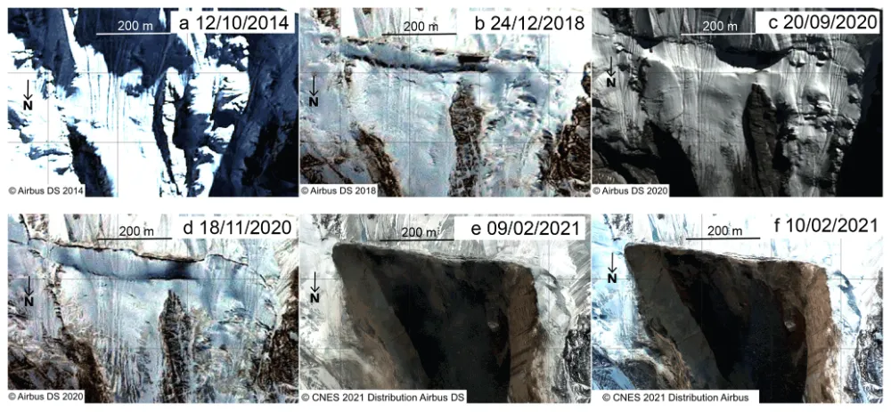 Time series of the headwall crack opening in high-resolution optical images from SPOT 7 and Pléiades-HR. Source Van Wyk de Vries et al., Natural Hazards and Earth System Sciences (2022)