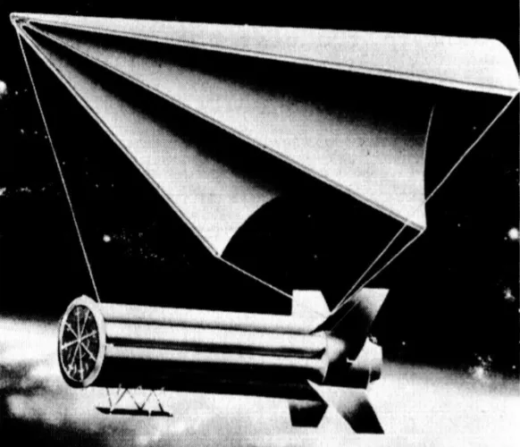 A concept from around 1961 showing a Saturn S-I first stage gliding back under a flexible Rogallo wing. Image: NASA.