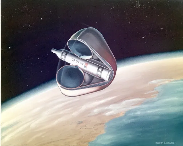 Cutaway concept illustration of Douglas ROOST booster with deployed inflatable drag cone (Credit Douglas Aircraft Company via San Diego Air & Space Museum)