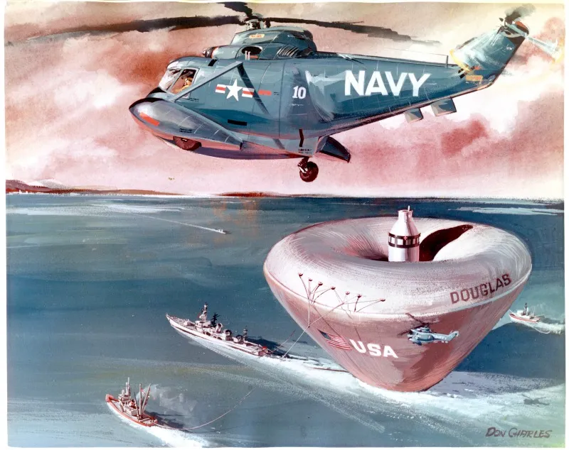 Douglas Aircraft Company’s ROOST booster recovery concept, using an inflatable drag cone to slow the booster. Image: Douglas Aircraft Company/San Diego Air & Space Museum Archives.